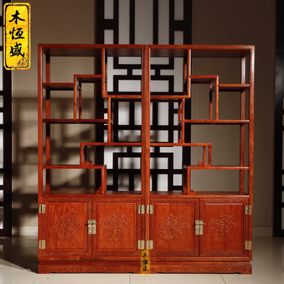 东阳红木家具 缅甸花梨花卉博古架 大果紫檀仿古实木多宝阁储物柜